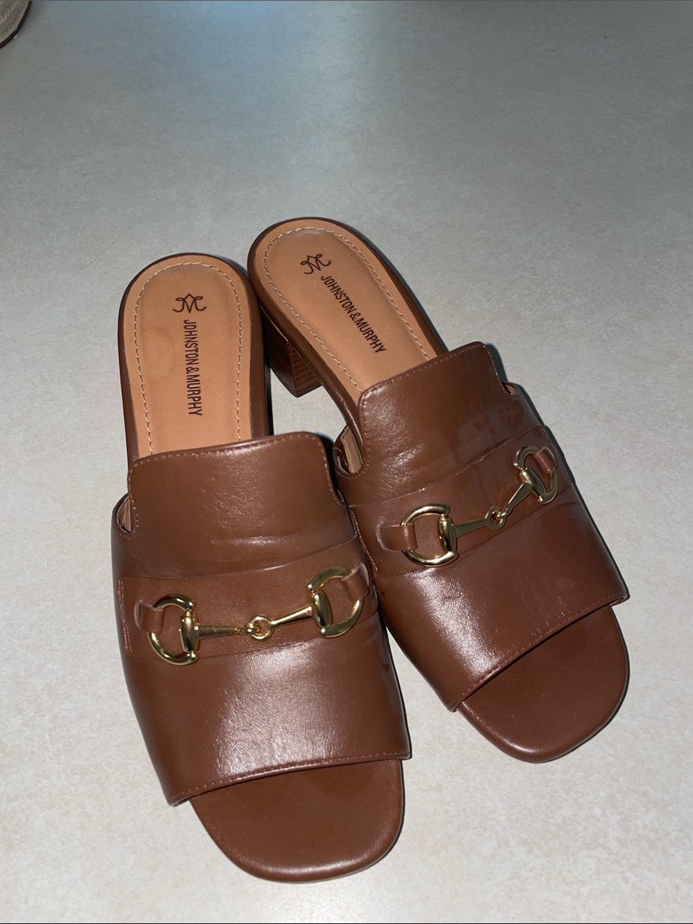Johnston & Murphy Cognac Leather Slide Mules with Gold Bit